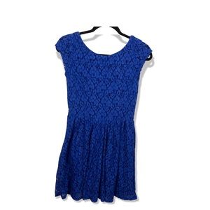 Fit & Flare Dress Royal Blue Floral Lace Cap Sleeve Crew Neck Zip Up Preppy M